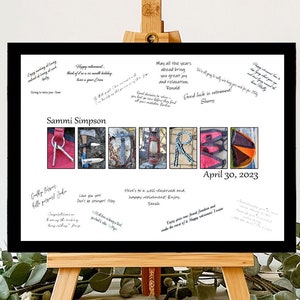 May include: A framed retirement sign with a black border, displayed on a small wooden easel. The sign features the name "Sammi Simpson" and a series of images spelling out "RETIREE". Handwritten messages surround the images. The date "April 30, 2023" is also visible.