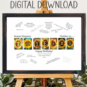Livro de visitas personalizado para festa de aniversário de girassol de 70 anos para impressão, alternativa, cartão de aniversário exclusivo, entrada para convidados, lembrança para mulheres