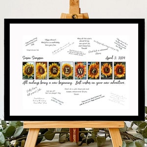 Alternative de carte de fête d'adieu sur départ tournesol, départ d'un collègue, tableau signature au revoir patron, livre d'or unique pour la retraite