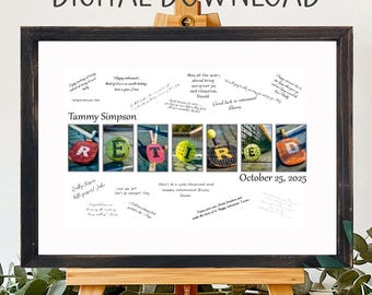 May include: A framed print on a wooden easel featuring the text DIGITAL DOWNLOAD at the top. The print displays the name Tammy Simpson, the date October 25, 2025, and the word RETIRED spelled out using photos of pickleballs and paddles.