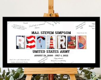 May include: A black framed sign with a white background. The sign says "RETIRED" in large letters, with each letter made up of a different image. The images include an American flag, a skydiver, a lighthouse, and a wooden sign. The sign also includes the text "MAJ. STEVEN SIMPSON", "UNITED STATES ARMY", "AUGUST 25, 2000 - JULY 4, 2022", and "Here's to a well-deserved and happy retirement. Enjoy."