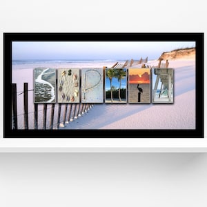 Personalized Name Beach Alphabet Photography Art Print - Custom Last Name Decor - 10x20 Framed Print
