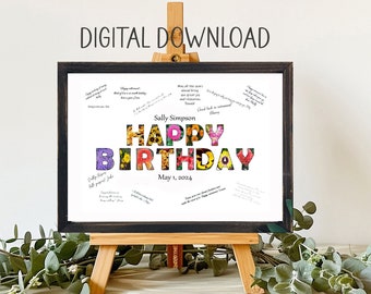 Printable Download, Flower Happy Birthday Guest Book Alternative, Unique Colorful Birthday Card, Garden Lover, Spring Birthday Party For Her