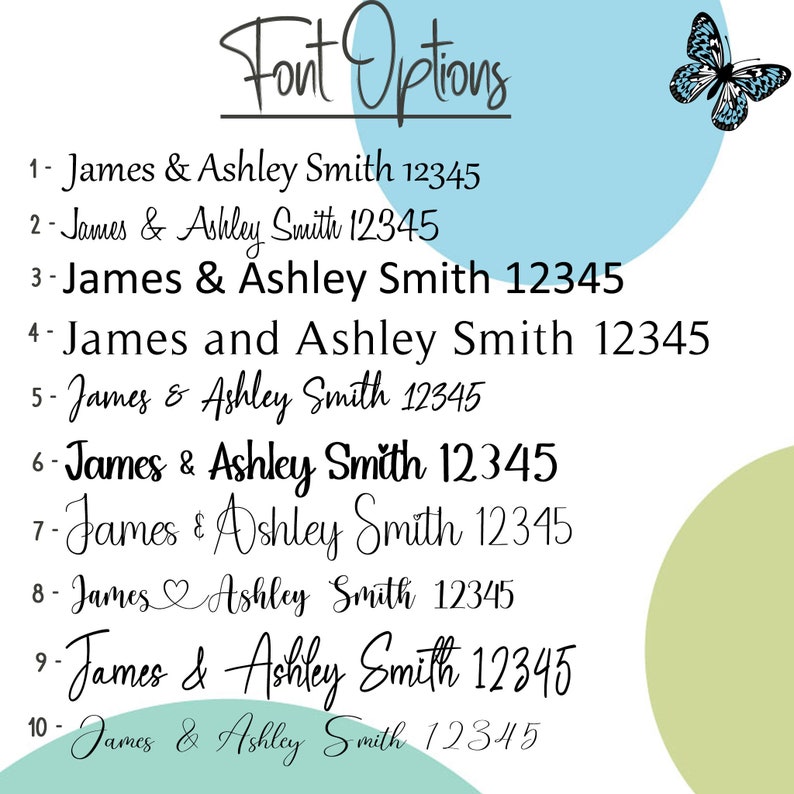 Pode incluir: Uma lista de 10 op&ccedil;&otilde;es de fonte para os nomes "James & Ashley Smith" com os n&uacute;meros 12345 ap&oacute;s cada nome. As op&ccedil;&otilde;es de fonte incluem diferentes estilos, como cursiva, escrita e sem serifa.