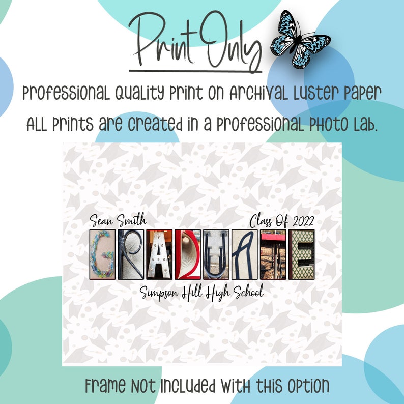 May include: A graduation print with the word "GRADUATE" spelled out in colorful letters. The print includes the graduate's name, school, and class year. The text "Print Only" and "Frame NOT INCLUDED" are also visible.