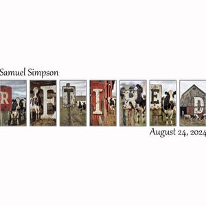 Pode incluir: Um an&uacute;ncio de aposentadoria com a palavra "RETIRED" escrita usando imagens de vacas em p&eacute; na frente de placas antigas e enferrujadas. O texto "Samuel Simpson" aparece acima da palavra "RETIRED" e o texto "August 24, 2024" aparece abaixo da palavra "RETIRED".