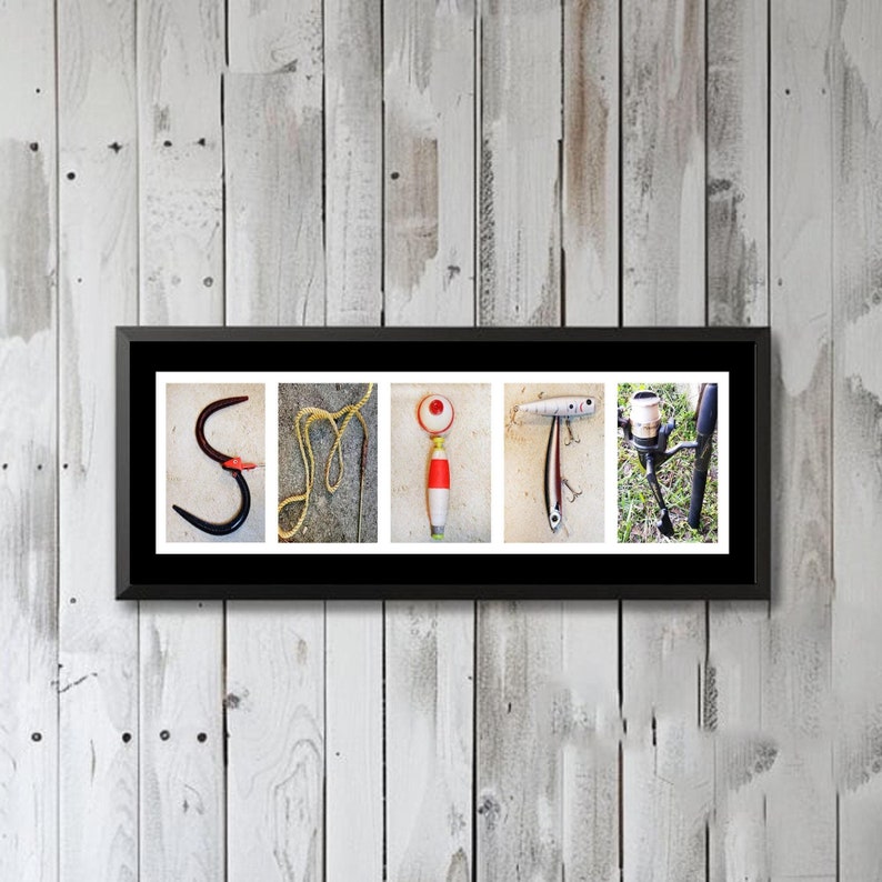 May include: A framed print with the word "SMITH" spelled out using fishing-related items. The letters are made from a fishing hook, rope, a fishing bobber, a fishing lure, and a fishing reel.