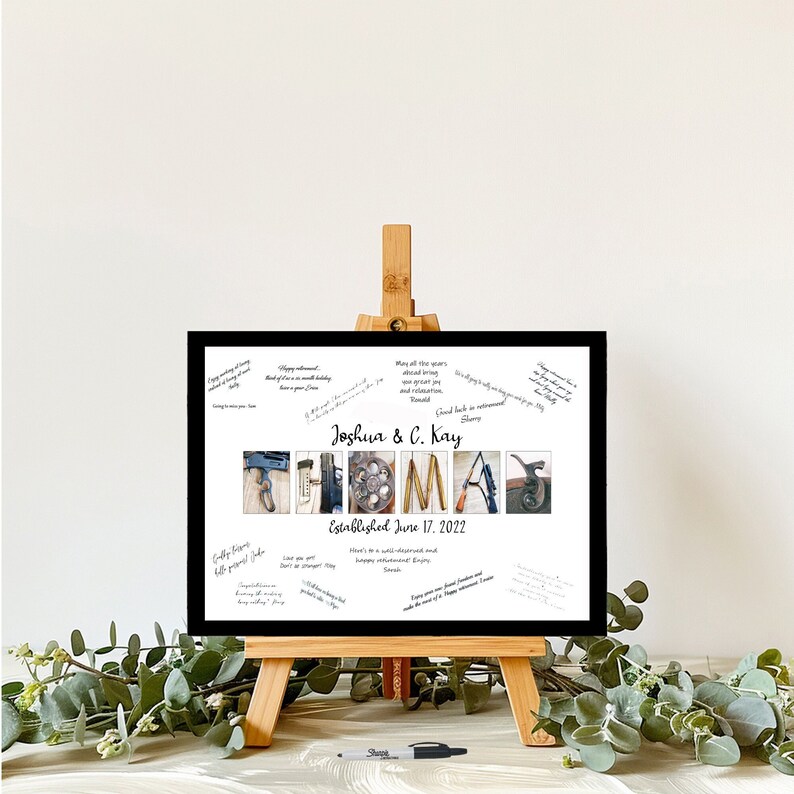 May include: A white sign with a black frame on a wooden easel. The sign has a black and white photo collage of the letters "THOMAS" made from various tools. The text "Joshua & C. Kay" and "Established June 17, 2022" is written in black cursive.