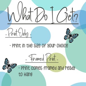 May include: A graphic with blue and green circles and butterflies. The text reads "What Do I Get?" with two options: "Print Only" and "Framed Print". The "Print Only" option states "Print in the size of your choice". The "Framed Print" option states "Print comes framed and ready to hang".