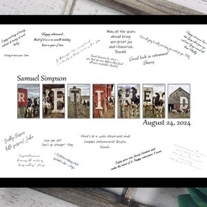 Pode incluir: Um sinal de aposentadoria com a palavra "RETIRED" escrita usando imagens de celeiros vermelhos com vacas na frente. O sinal est&aacute; datado de 24 de agosto de 2024. O sinal est&aacute; rodeado de mensagens escritas &agrave; m&atilde;o parabenizando o aposentado.