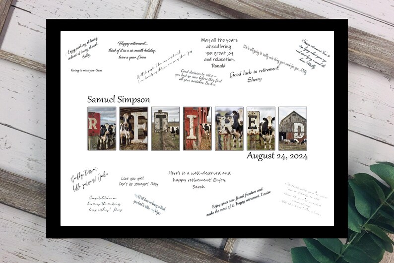 Pode incluir: Um sinal de aposentadoria com a palavra "RETIRED" escrita usando imagens de celeiros vermelhos com vacas na frente. O sinal est&aacute; datado de 24 de agosto de 2024. O sinal est&aacute; rodeado de mensagens escritas &agrave; m&atilde;o parabenizando o aposentado.