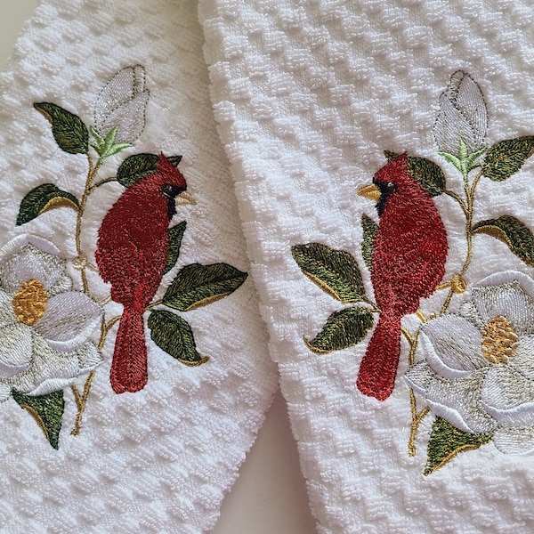 Cardinal on Magnolia kitchen towels