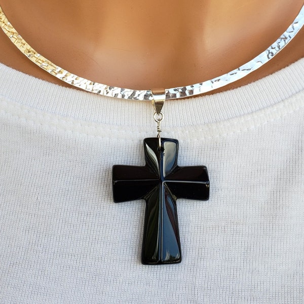 Onyx Gemstone Cross and Sterling Silver Pendant, Black Onyx Stone Cross Pendant, Stone Cross Pendant, Cross Jewelry, Stone Cross Pendant