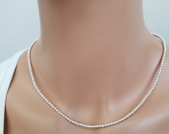 3mm Sterling Silver Bead Necklace, 3mm Silver Choker Bead Necklace, Dainty Sterling Silver Necklace, Layer Bead Necklace