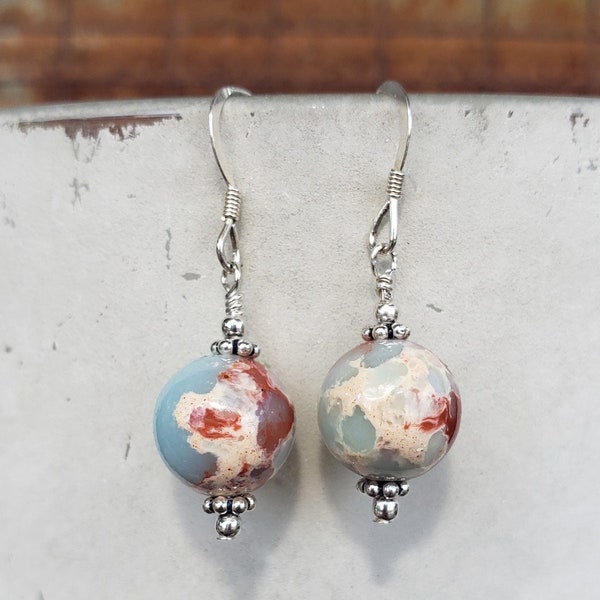 Impression Jasper Sterling Silver Earrings. 10mm Shiny Round Impression Jasper Earrings, Light Blue Jasper Earrings