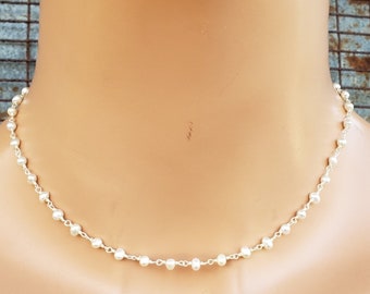 Sterling Silver Pearl Chain Necklace, 4mm Genuine Pearl Necklace, Rosary Pearl Chain Necklace, Dainty Pearl Chain