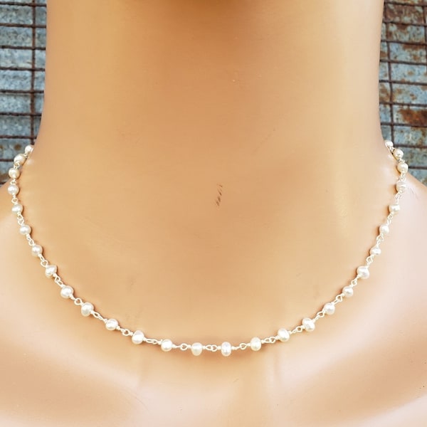 Sterling Silver Pearl Chain Necklace, 4mm Genuine Pearl Necklace, Rosary Pearl Chain Necklace, Dainty Pearl Chain