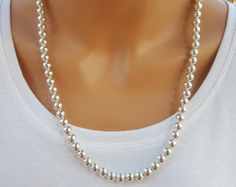 8mm Sterling Silver Bead Necklace, 8mm Silver Bead Necklace Strand