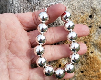 12mm Silver Bead Bracelet, All 12mm Round Ball Silver Bracelet, 12mm Large Silver Bead Bracelet, Sterling Silver Beads