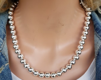 10mm Sterling Silver Bead Necklace, 10mm Silver Bead Necklace Strand, 10mm Large Round Ball Bead Necklace