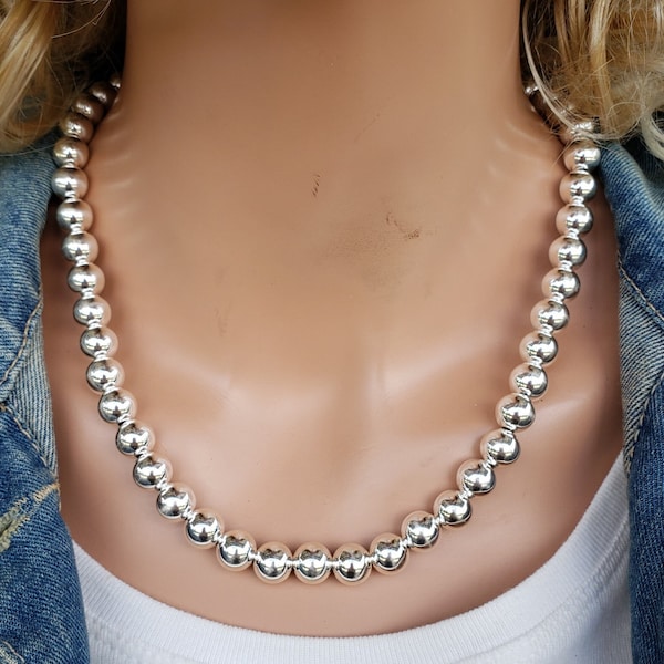10mm Sterling Silver Bead Necklace, 10mm Silver Bead Necklace Strand, 10mm Large Round Ball Bead Necklace