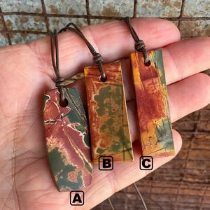 Handmade Picasso Jasper Slab Necklace: Adjustable Leather Pendant