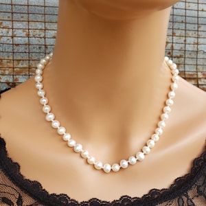 8mm Genuine Pearl Necklace, Knotted Freshwater Pearl Necklace, Choker Pearl and Sterling Silver Necklace