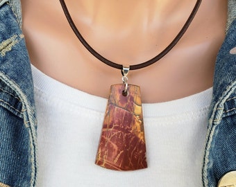 Large Picasso Jasper Slab Necklace, Red Creek Jasper Leather Necklace,  Large Jasper Pendant, Large Triangle Stone Pendant