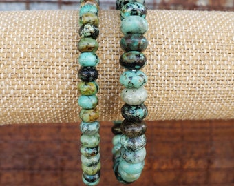 6mm/8mm African Turquoise Bracelet, Stretch Bracelet, Natural Green Blue Brown, Rondelles