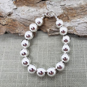 10mm Sterling Silver Bead Bracelet, 925 Silver Ball Bracelet, Large Silver Bead Bracelet