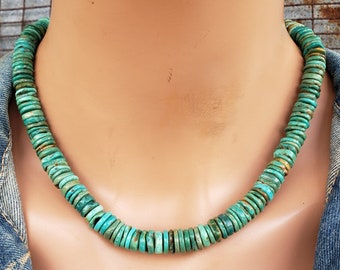 10mm Turquoise Necklace, Green Blue Turquoise Necklace, Disc Turquoise Rondell Beads, Large Turquoise Necklace