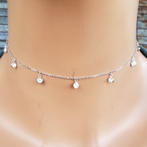 Crystal Choker Necklace, Small Crystal Necklace, Dangle Crystal Necklace, Dainty Sterling Silver Crystal Necklace