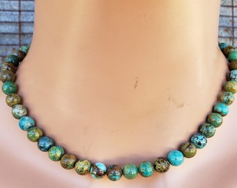 8.5mm Genuine Natural Turquoise Necklace, Blue Green Brown Turquoise Necklace, Earthy Turquoise Beads, Large Turquoise Necklace