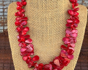 Chunky Red Bamboo Coral & Sterling Silver Necklace, Zig Zag Teardrop