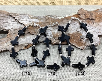 Onyx Cross Bracelet: Sterling Silver, Small Black Gemstone