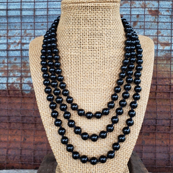 60" 8mm Onyx Necklace, Long Shiny Black Onyx Necklace, Knotted Black Onyx Necklace, Genuine Onyx Necklace