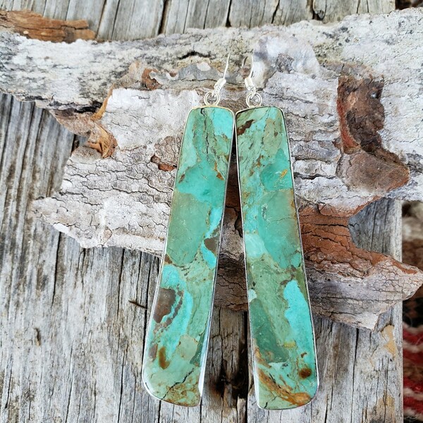 Santo Domingo Turquoise Earrings, Kingman Green Blue Turquoise Earrings, Rectangle Turquoise Slab Earrings