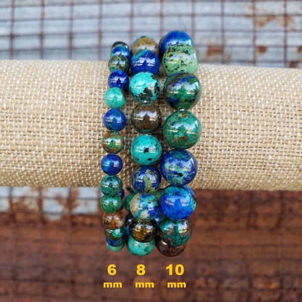 Bracelet chrysocolle azurite malachite 6 mm/8 mm/10 mm, véritable bracelet shattuckite, bracelet naturel de pierres précieuses extensibles vert bleu marron