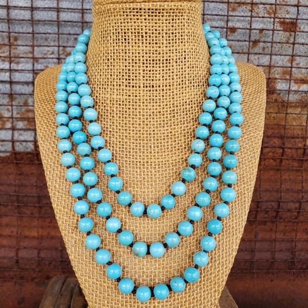 60" 8mm Blue Turquoise Necklace, Long Knotted Turquoise Necklace, Shiny Turquoise Howlite Necklace
