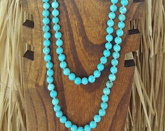 36" and 60" 8mm Long Shiny Turquoise Beaded Necklace, Extra Long Turquoise Necklace, Long Shiny Turquoise Magnesite Gemstone Necklace,