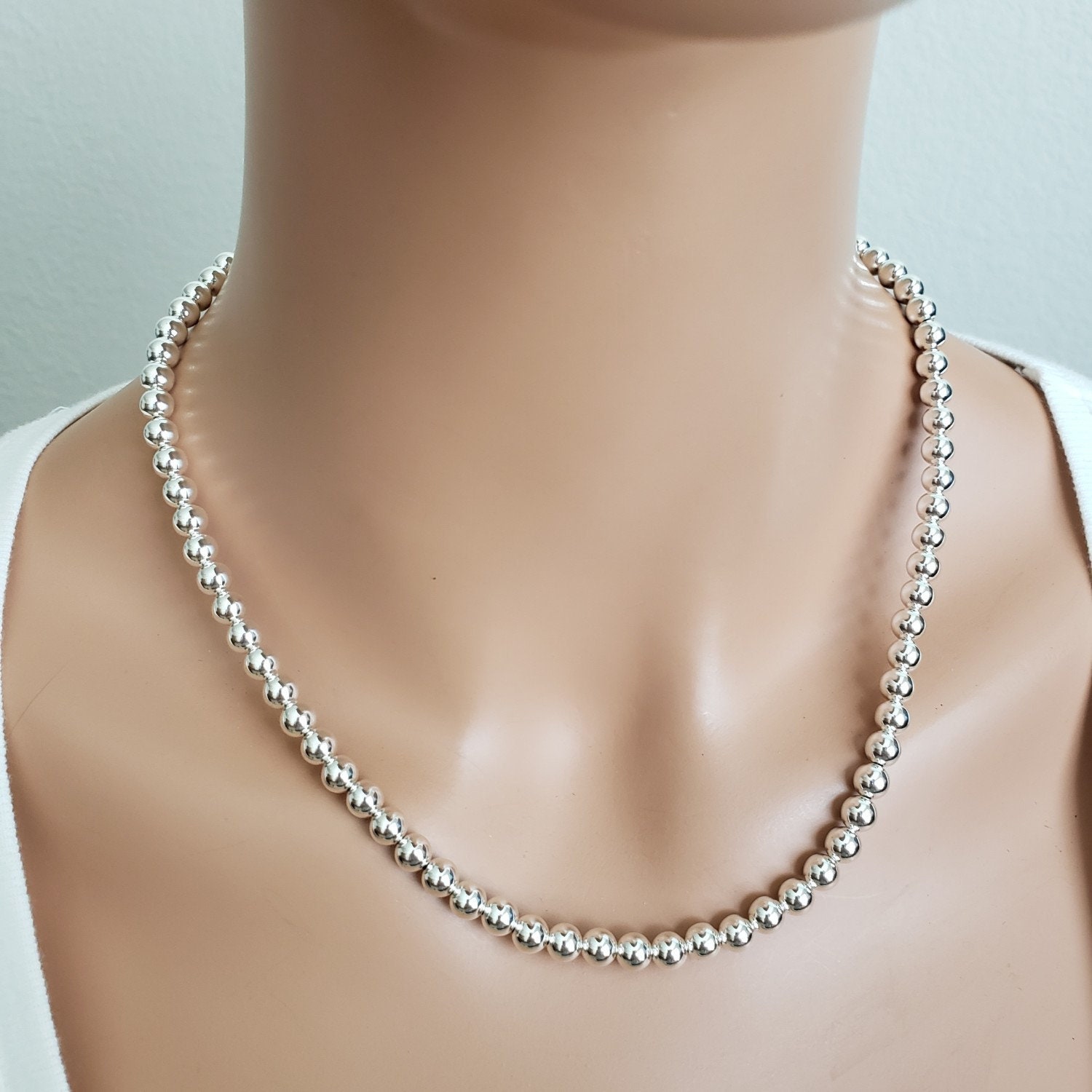 6mm Sterling Silver Bead Necklace, 6mm Bead Necklace Strand