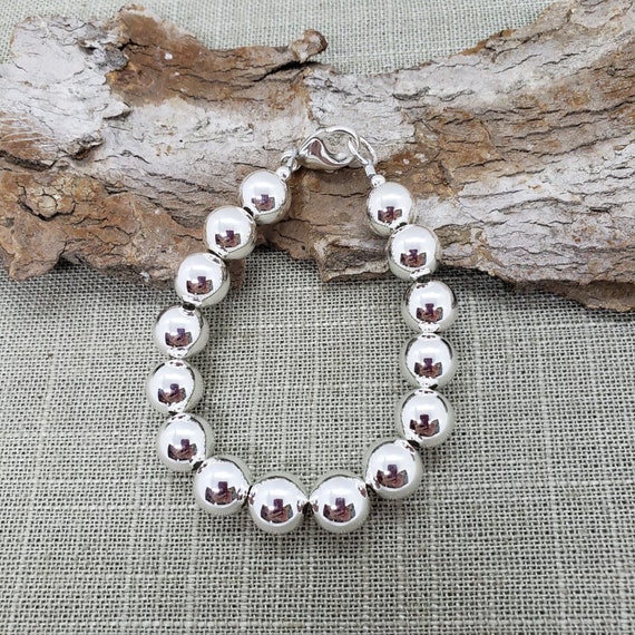 10mm Sterling Silver Beaded Bracelet, 925 Sterling, All Shiny Round Ball