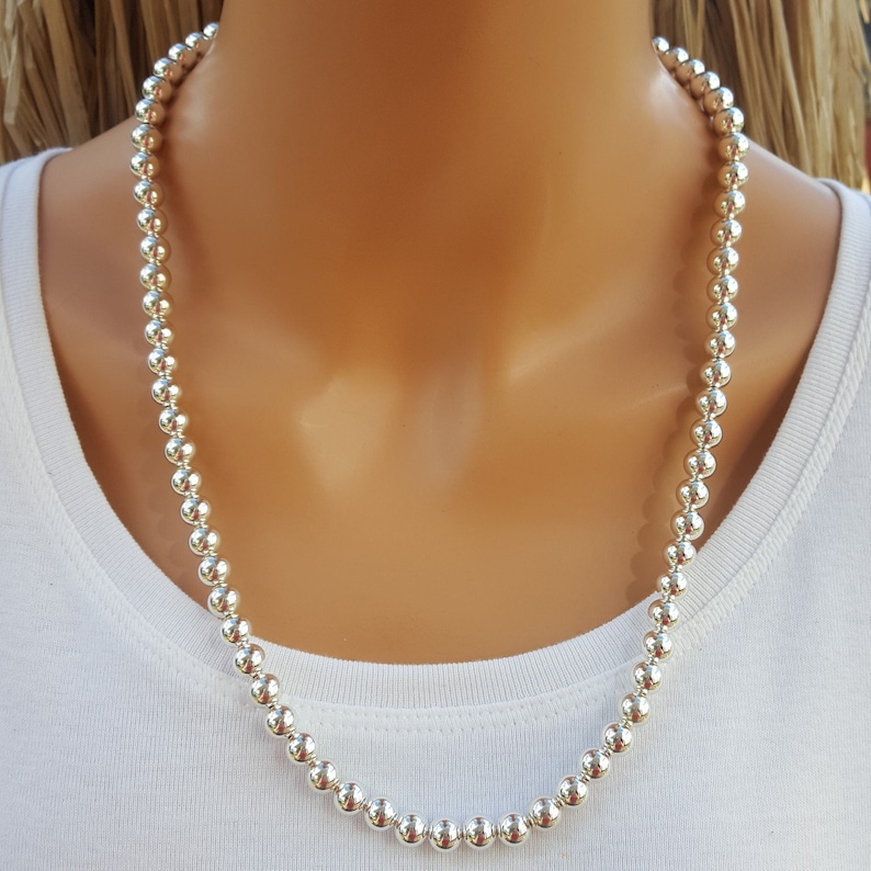 8mm Sterling Silver Bead Necklace 8mm Silver Bead Necklace Etsy