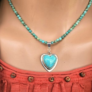 Kingman Turquoise Heart Necklace, Native American Turquoise Heart Necklace, Turquoise Heart Pendant Necklace