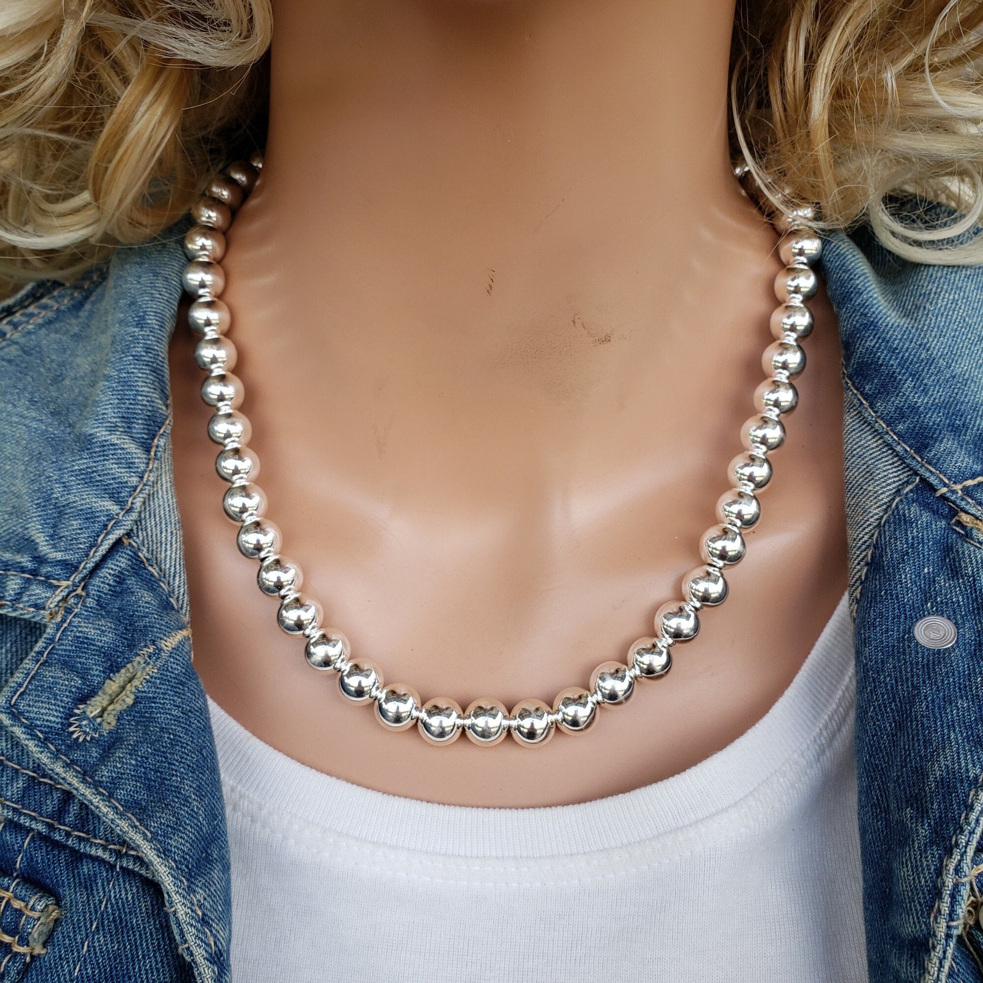 10mm Sterling Silver Bead Necklace, 10mm Silver Bead 10mm Sterling Silver Bead Necklace, 10mm Silver Bead
