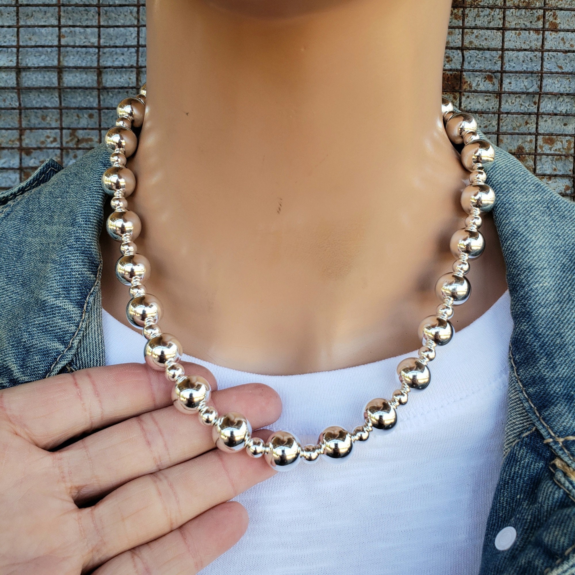 Alternating 6mm/12mm Silver Bead Necklace, 6mm and 12mm