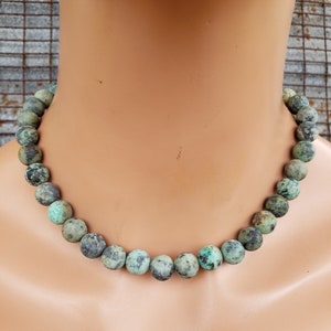 10mm Matte African Turquoise Necklace: 925 Sterling Silver, Natural Green Gemstone