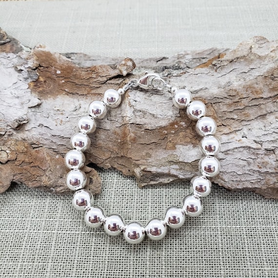 Bead Bracelet 10mm Sterling Silver Lobster Clasp High Polish Made in the USA Bead Bracelet 10mm Sterling Silver Lobster Clasp High Polish Made in the USA