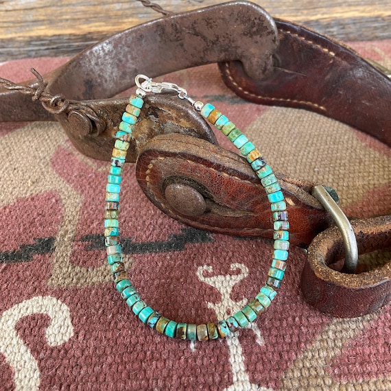 4mm Turquoise Heishi Bracelet: 925 Sterling Silver, Blue Green Brown