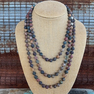 60"/36" MATTE Picasso Jasper Necklace: Red Creek, Earthy Natural Multicolor Gemstone Strand, Knotted